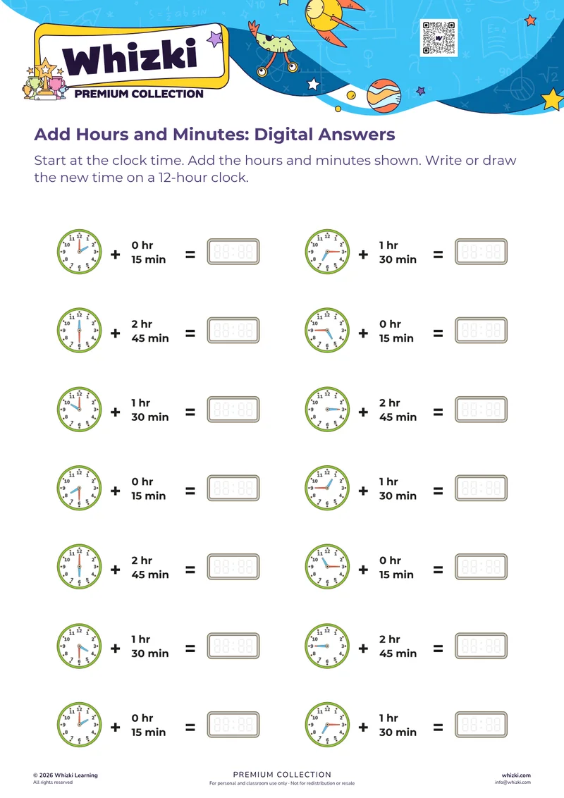 Add Hours and Minutes: Digital Answers