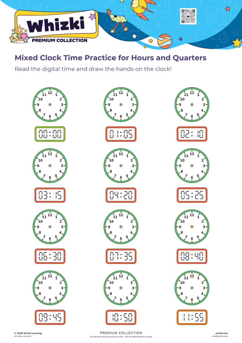 Mixed Clock Time Practice for Hours and Quarters