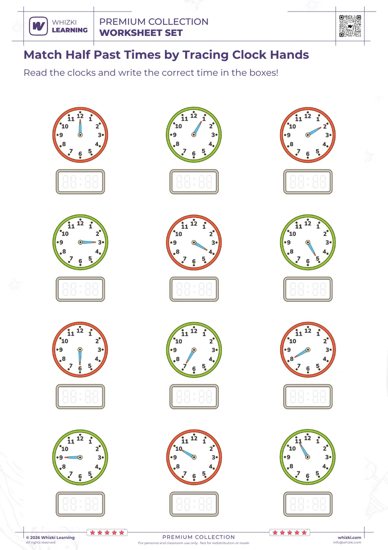 Match Half Past Times by Tracing Clock Hands