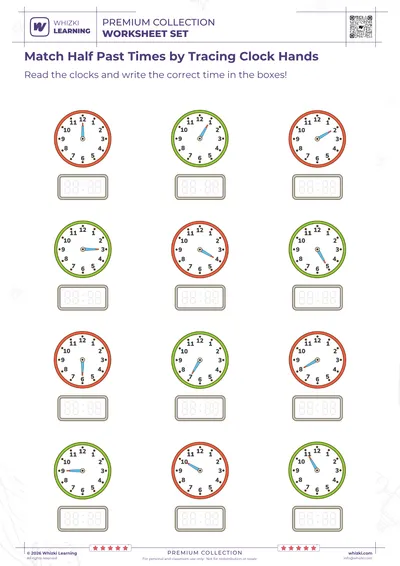 Match Half Past Times by Tracing Clock Hands