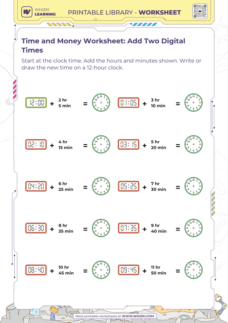 Time and Money Worksheet: Add Two Digital Times