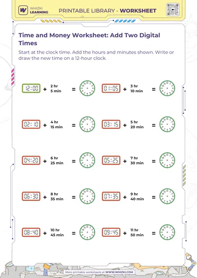 Time and Money Worksheet: Add Two Digital Times