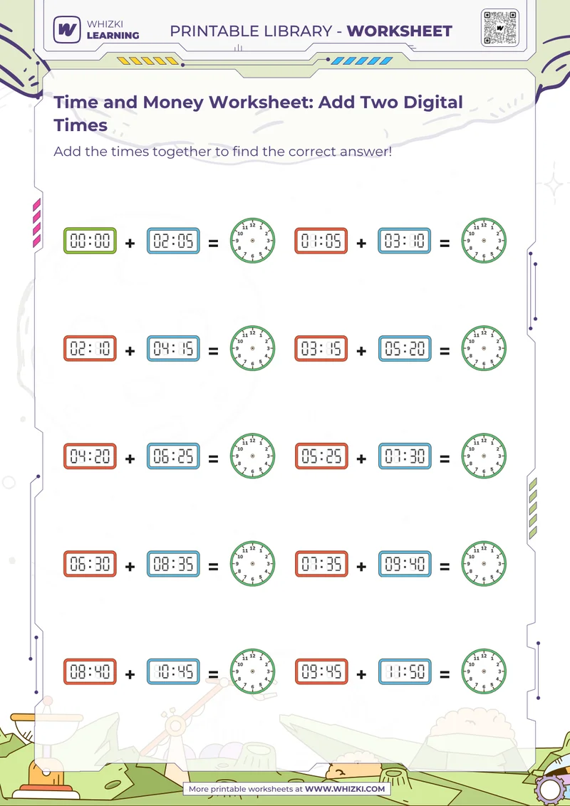 Time and Money Worksheet: Add Two Digital Times