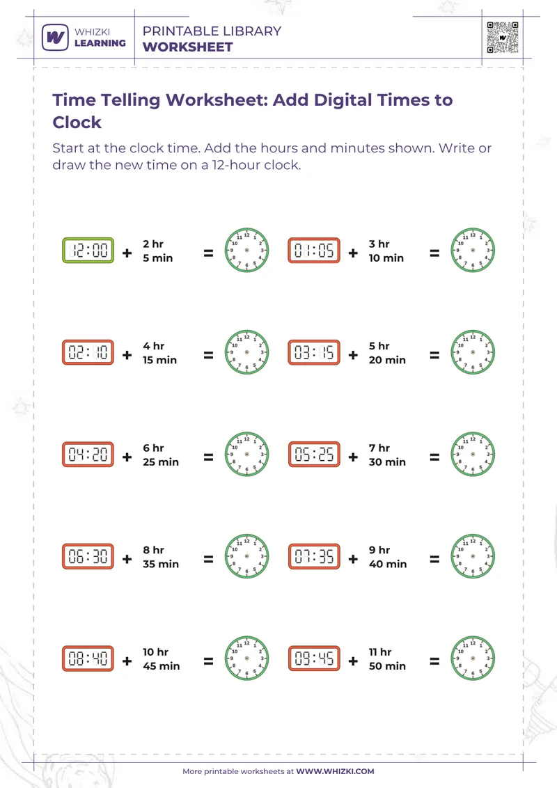 Time Telling Worksheet: Add Digital Times to Clock