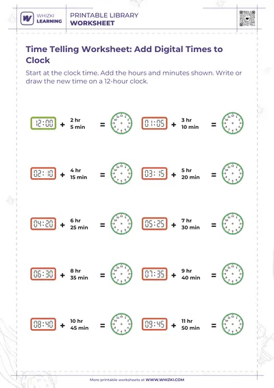 Time Telling Worksheet: Add Digital Times to Clock