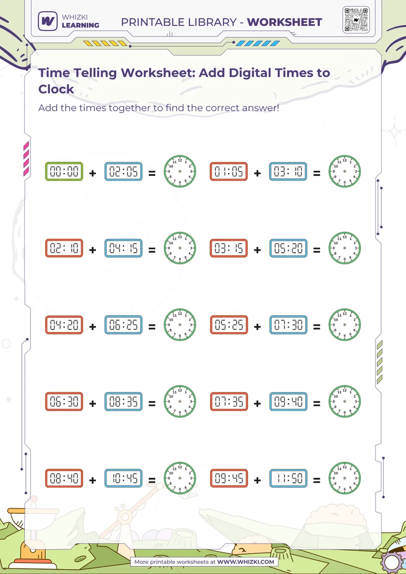 Time Telling Worksheet: Add Digital Times to Clock