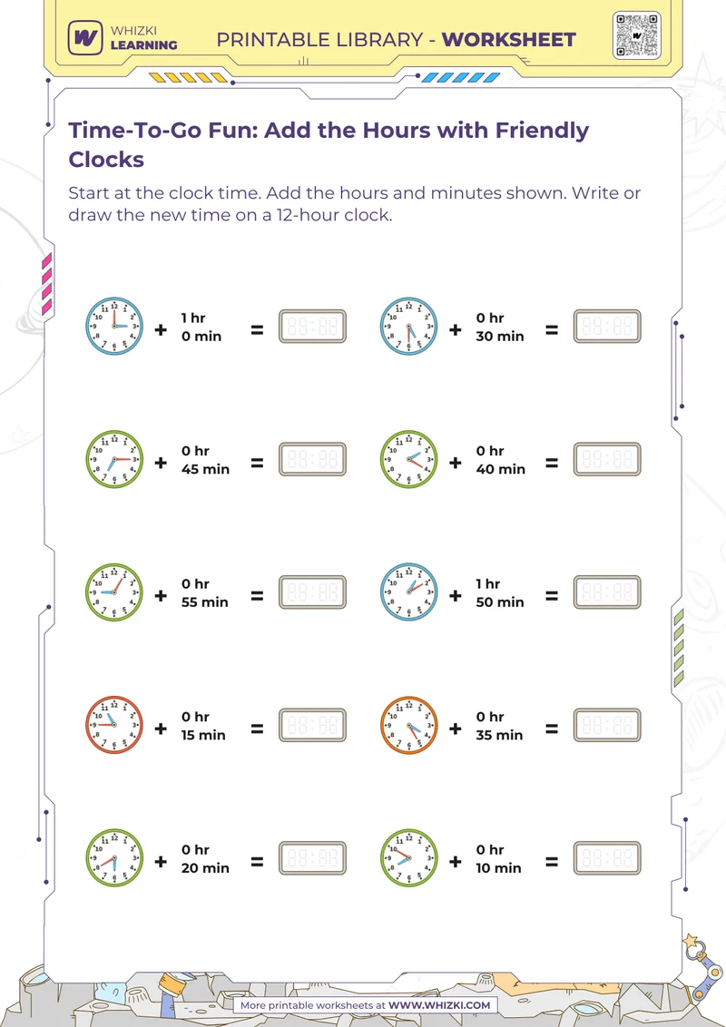 Time-To-Go Fun: Add the Hours with Friendly Clocks
