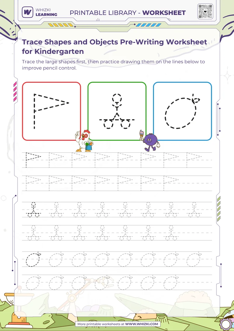 Trace Shapes and Objects Pre-Writing Worksheet for Kindergarten