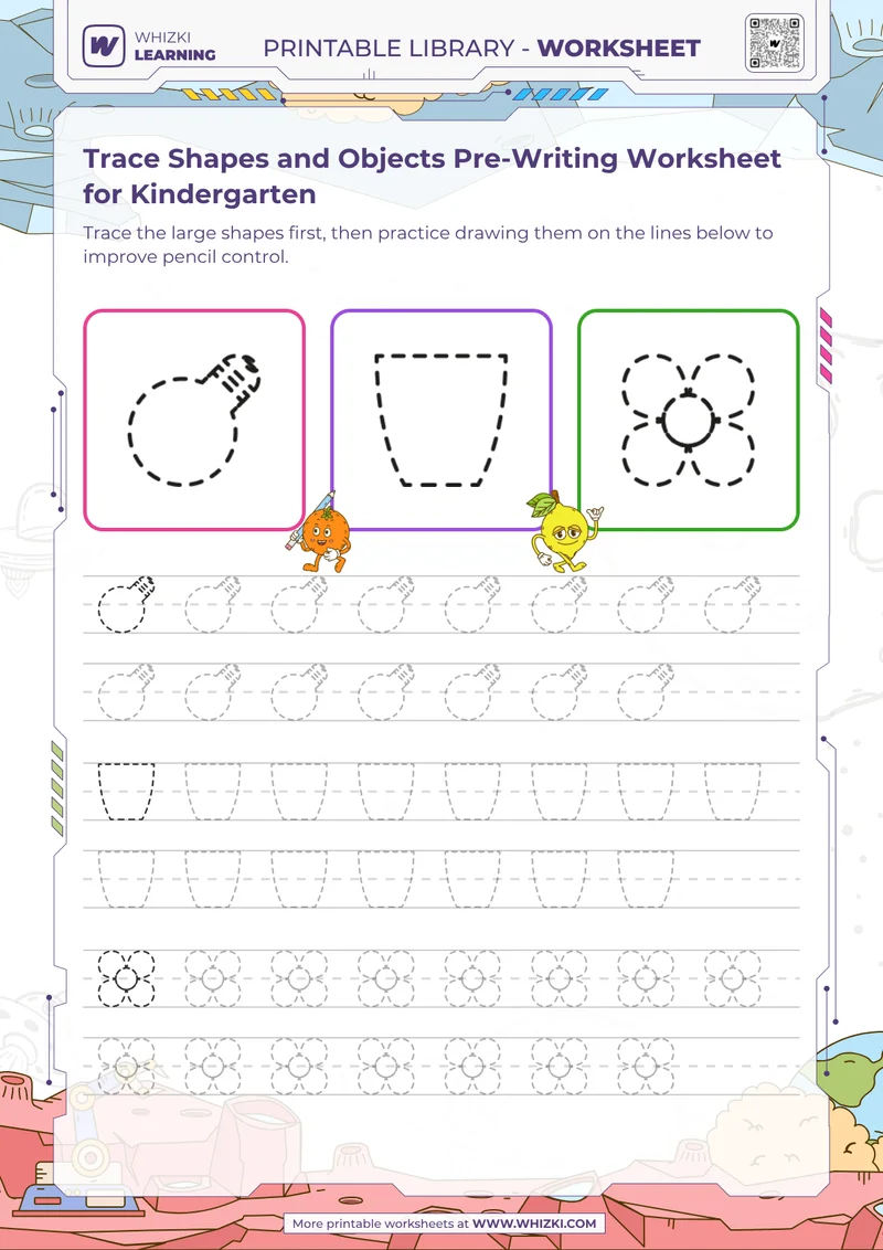 Trace Shapes and Objects Pre-Writing Worksheet for Kindergarten