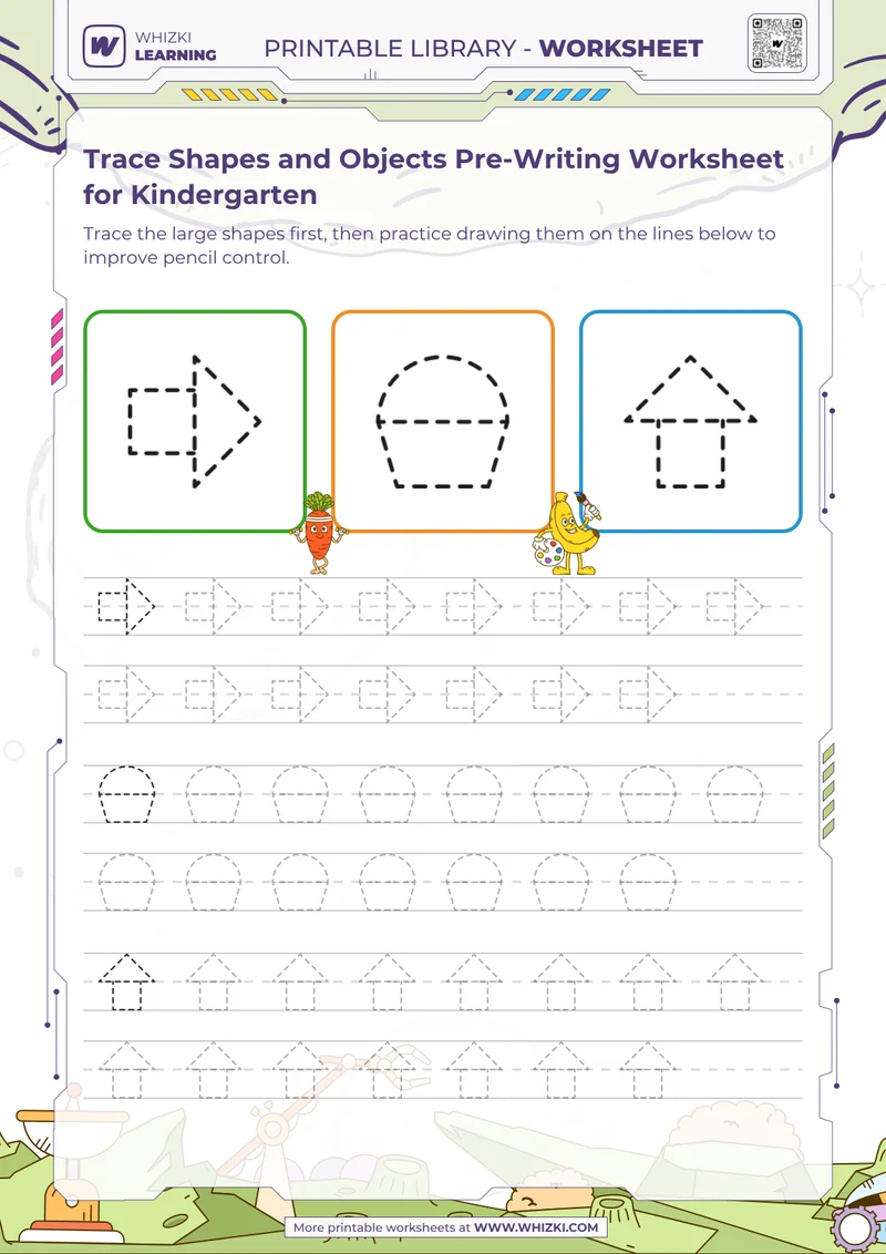 Trace Shapes and Objects Pre-Writing Worksheet for Kindergarten
