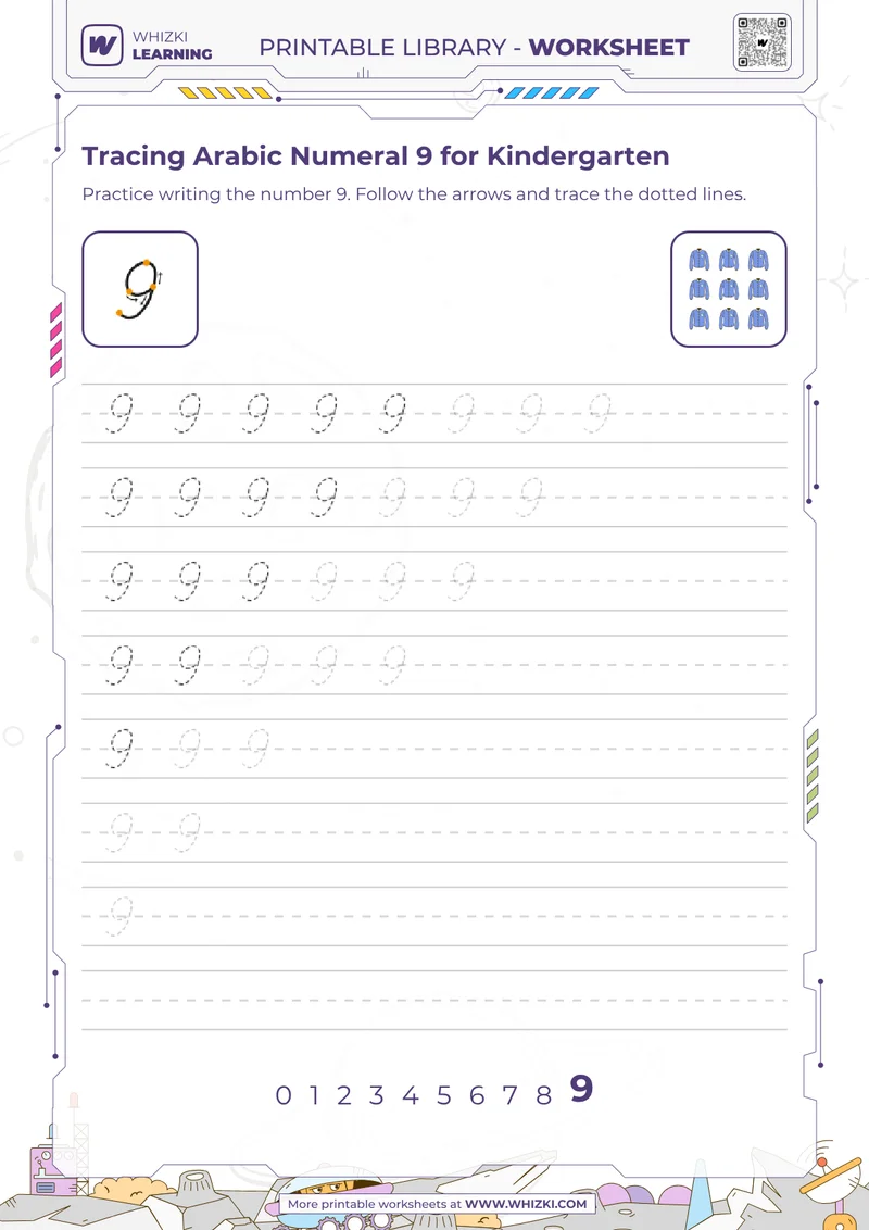 Tracing Arabic Numeral 9 for Kindergarten