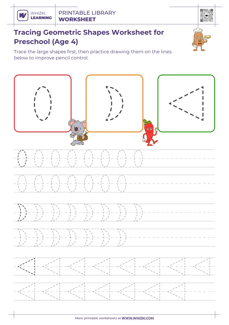 Tracing Geometric Shapes Worksheet for Preschool (Age 4)