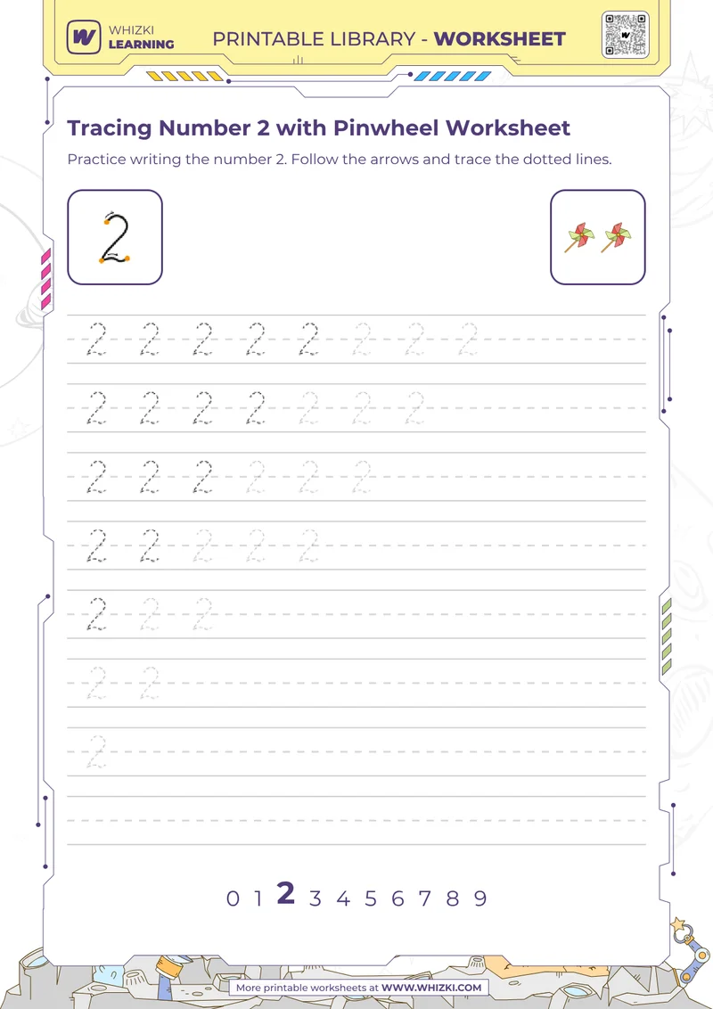 Tracing Number 2 with Pinwheel Worksheet