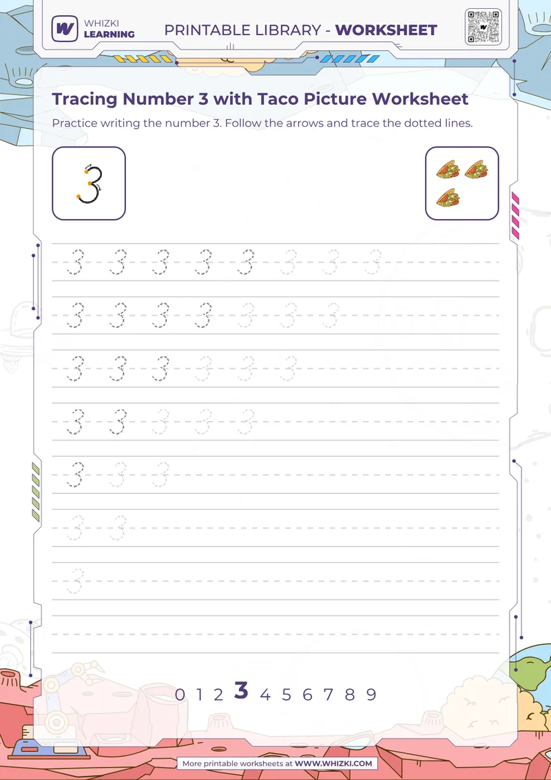 Tracing Number 3 with Taco Picture Worksheet