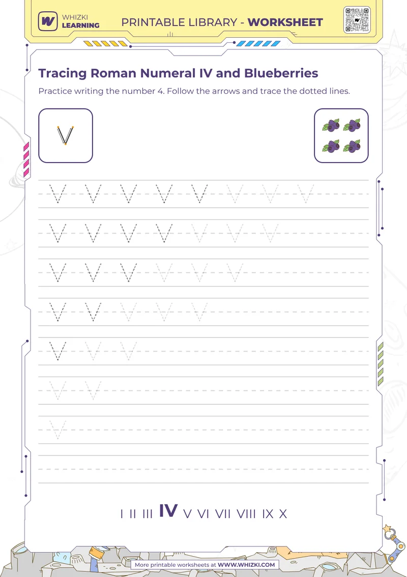 Tracing Roman Numeral IV and Blueberries