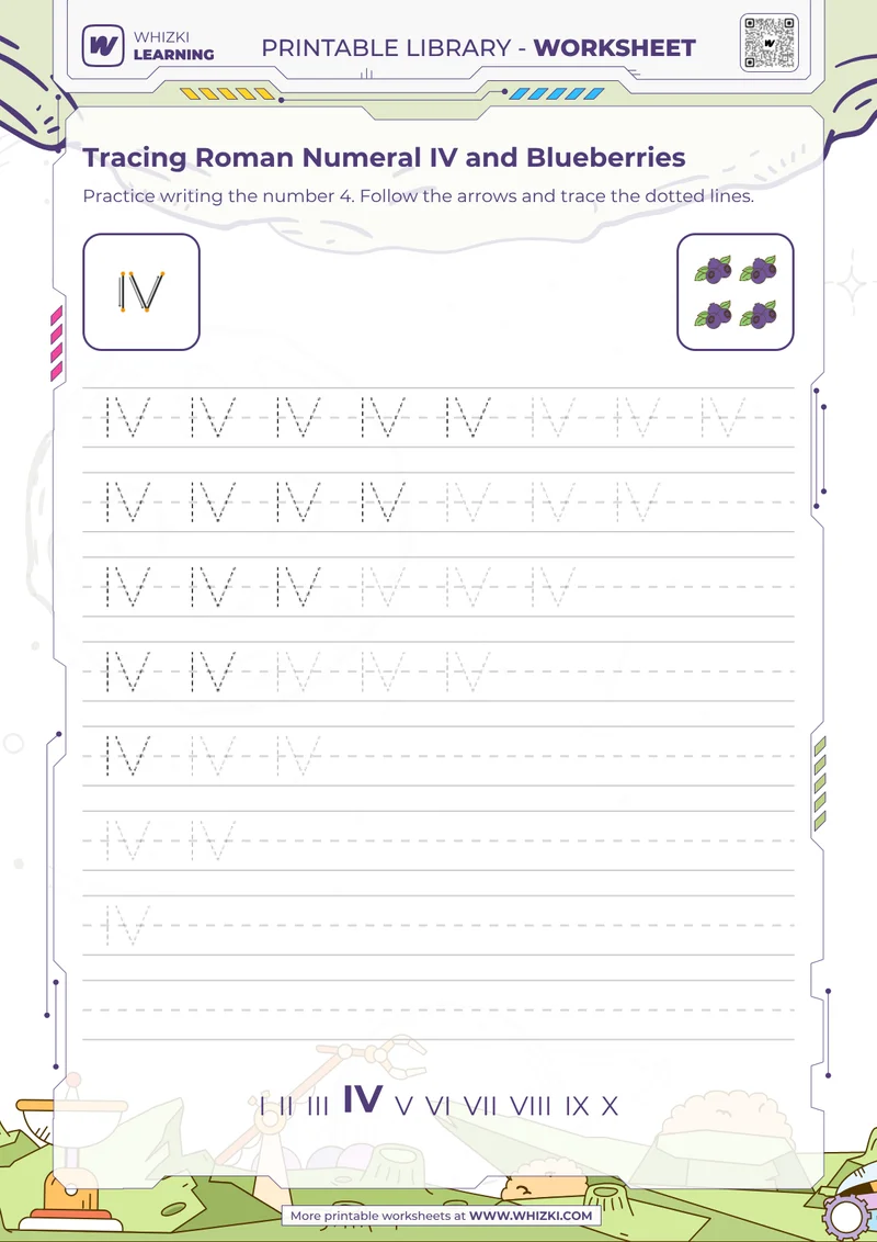 Tracing Roman Numeral IV and Blueberries