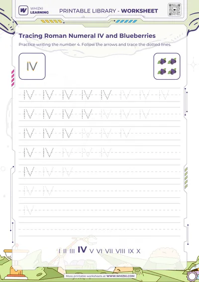 Tracing Roman Numeral IV and Blueberries
