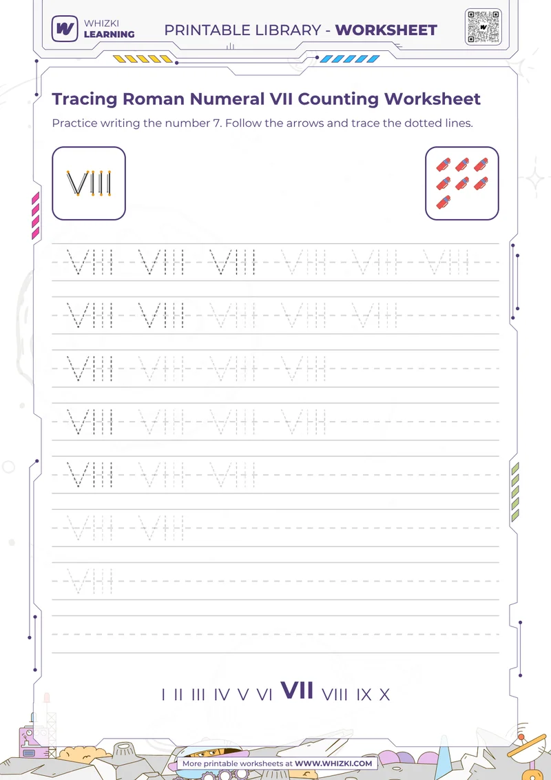 Tracing Roman Numeral VII Counting Worksheet