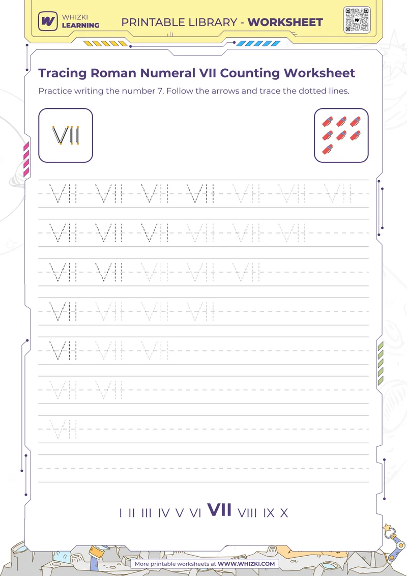 Tracing Roman Numeral VII Counting Worksheet