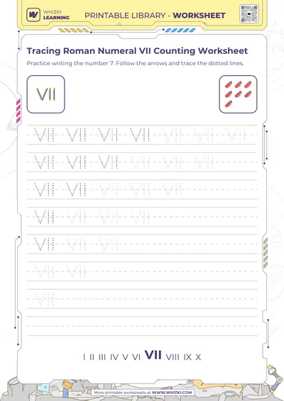 Tracing Roman Numeral VII Counting Worksheet