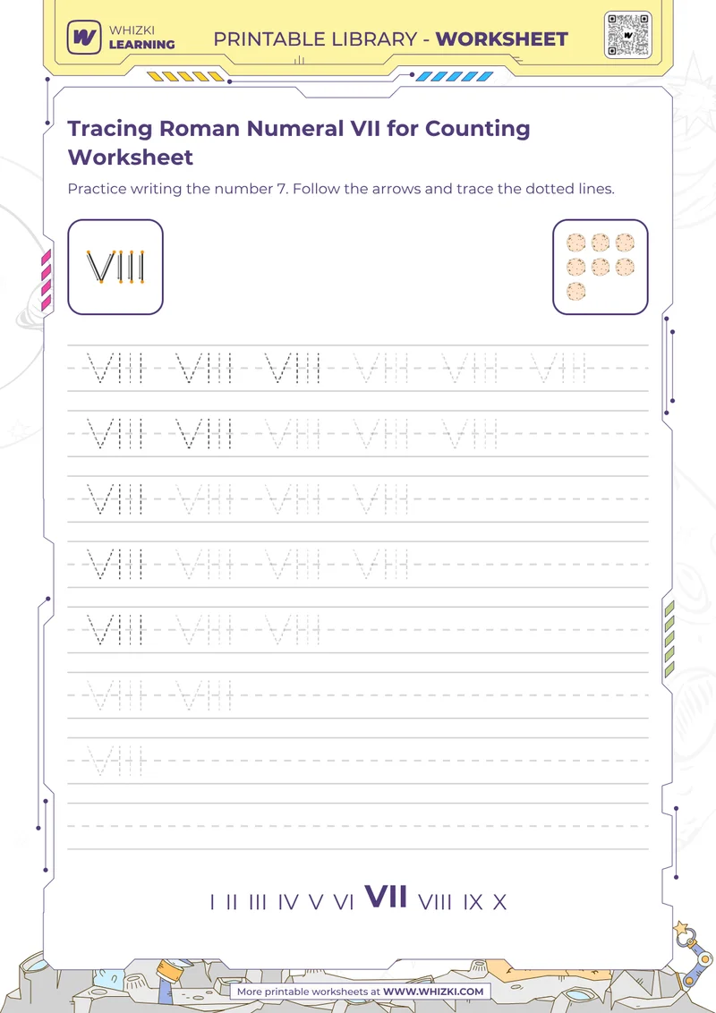Tracing Roman Numeral VII for Counting Worksheet
