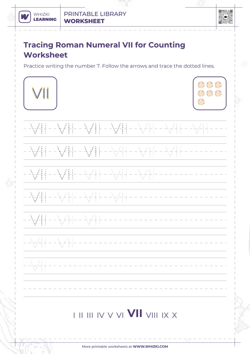 Tracing Roman Numeral VII for Counting Worksheet