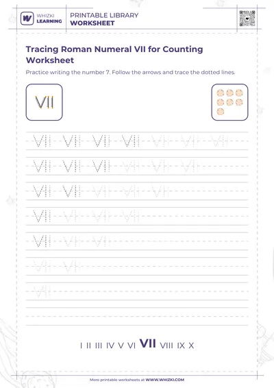 Tracing Roman Numeral VII for Counting Worksheet