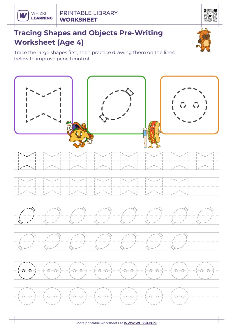 Tracing Shapes and Objects Pre-Writing Worksheet (Age 4)