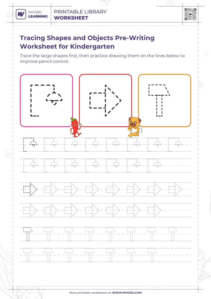 Tracing Shapes and Objects Pre-Writing Worksheet for Kindergarten