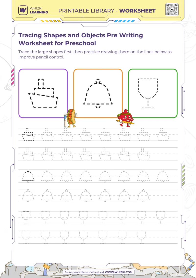 Tracing Shapes and Objects Pre Writing Worksheet for Preschool