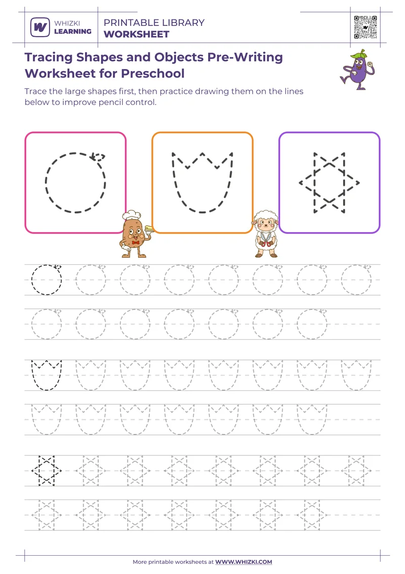 Tracing Shapes and Objects Pre-Writing Worksheet for Preschool