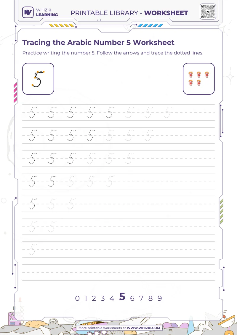 Tracing the Arabic Number 5 Worksheet