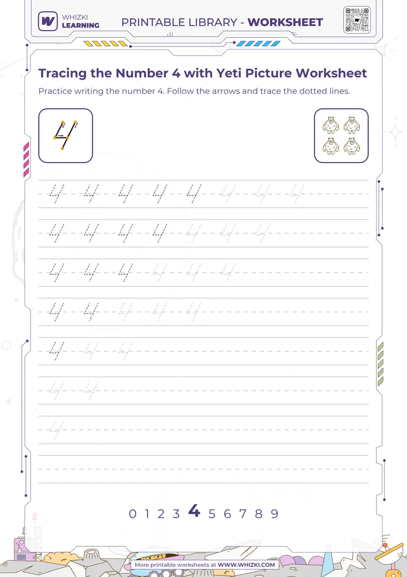 Tracing the Number 4 with Yeti Picture Worksheet