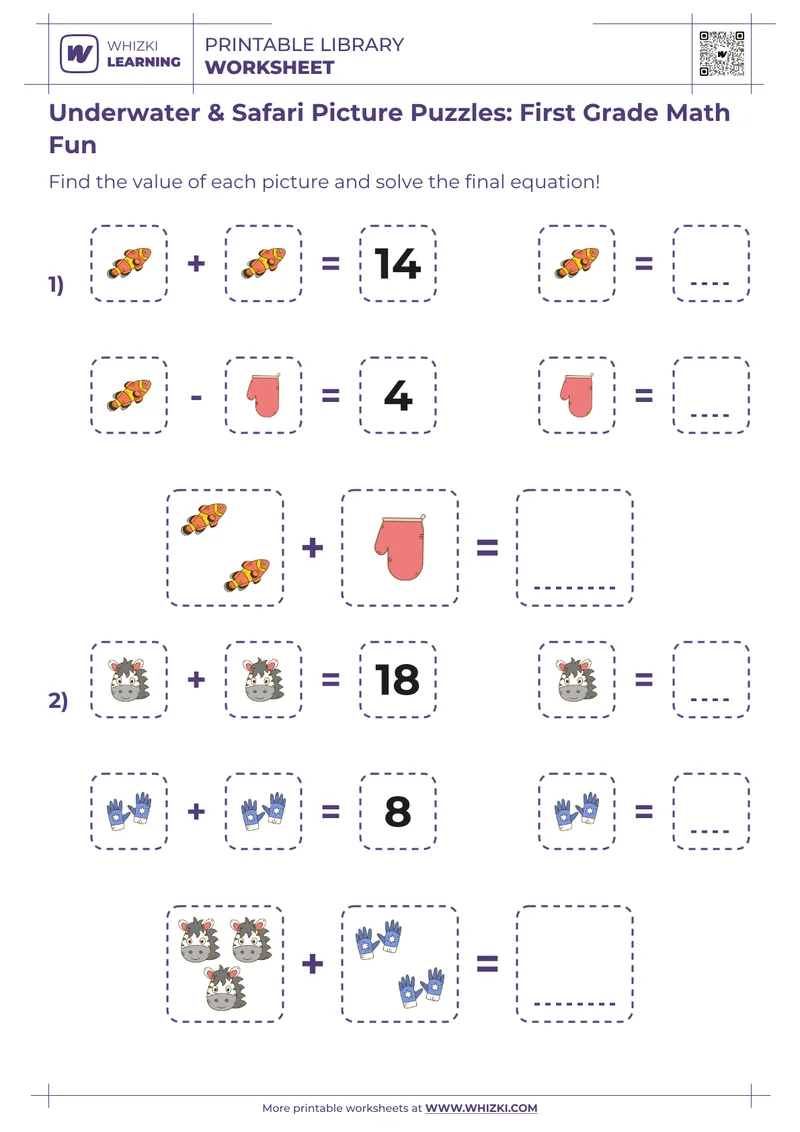 Underwater & Safari Picture Puzzles: First Grade Math Fun