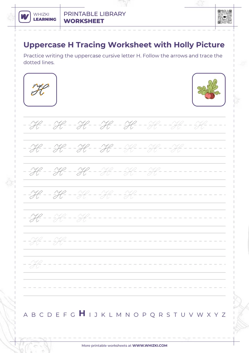 Uppercase H Tracing Worksheet with Holly Picture