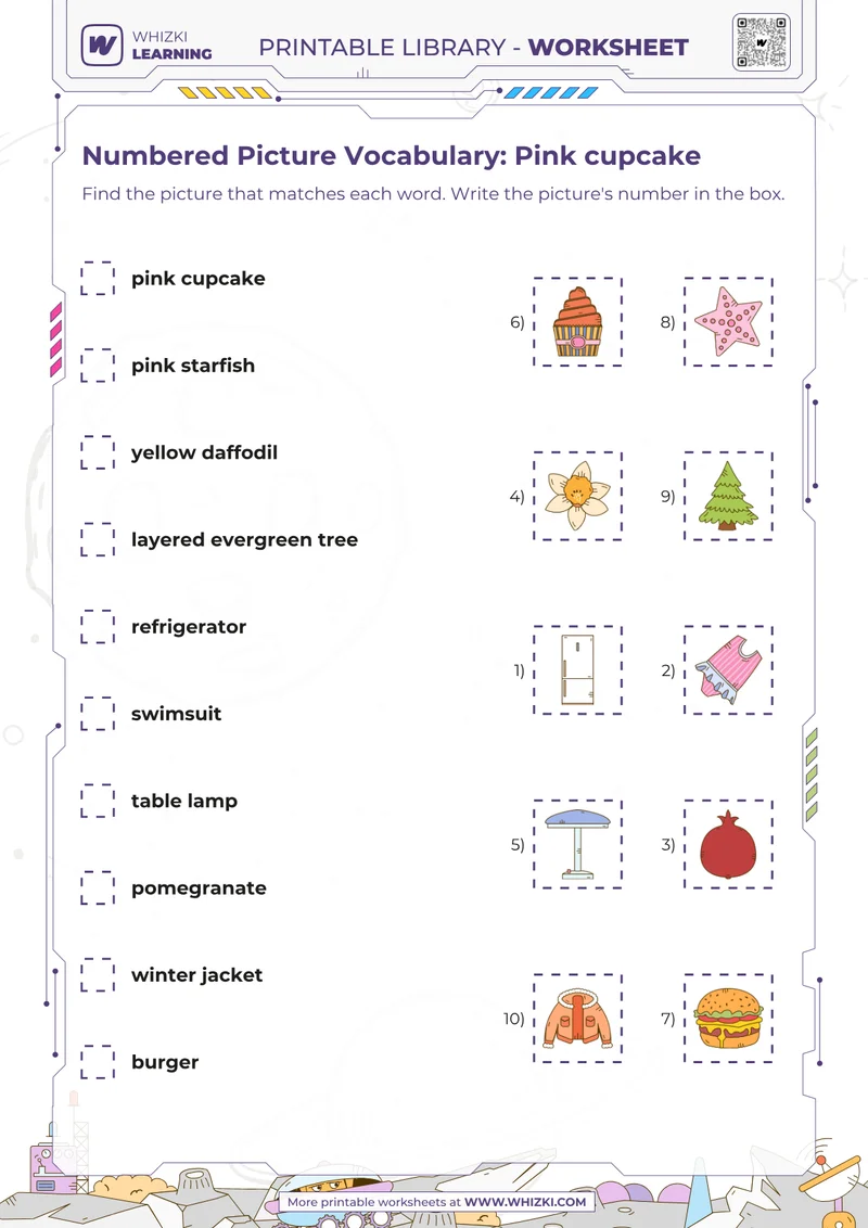Numbered Picture Vocabulary: Pink cupcake
