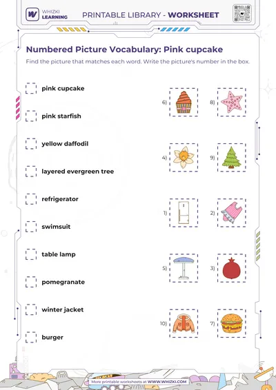 Numbered Picture Vocabulary: Pink cupcake