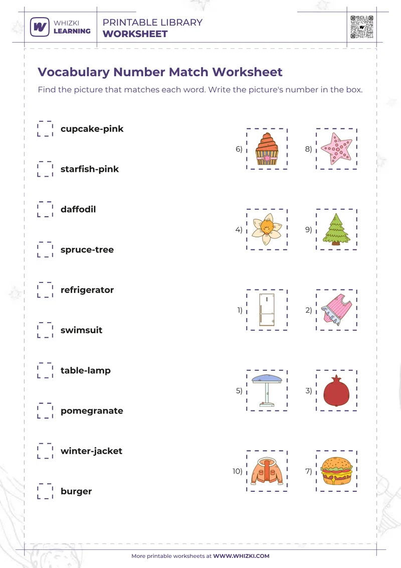 Vocabulary Number Match Worksheet