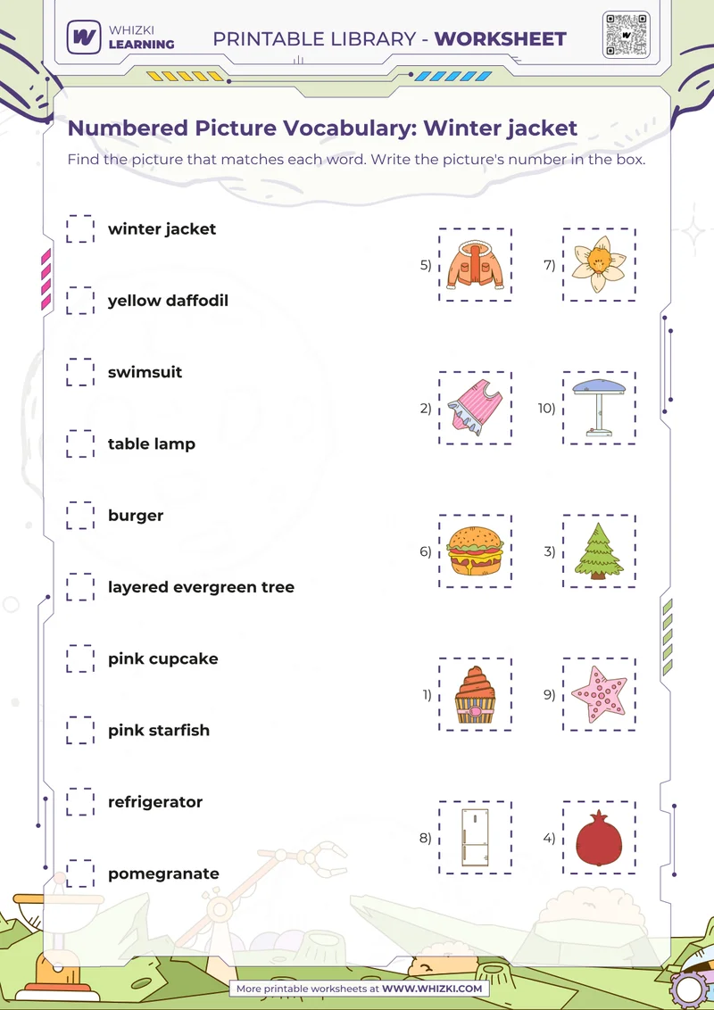 Numbered Picture Vocabulary: Winter jacket