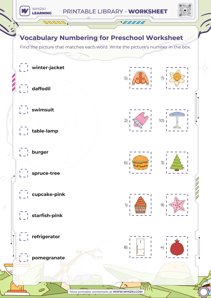 Vocabulary Numbering for Preschool Worksheet