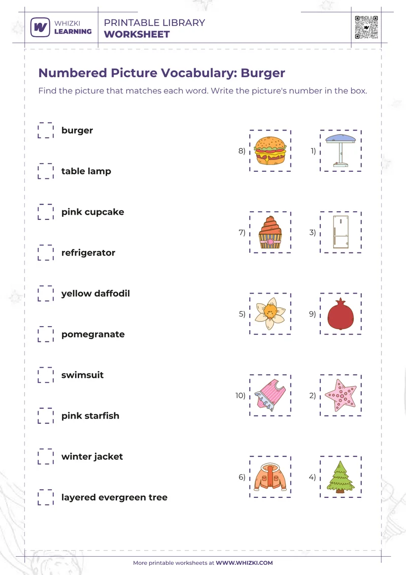 Numbered Picture Vocabulary: Burger