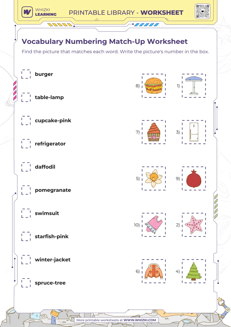 Vocabulary Numbering Match-Up Worksheet