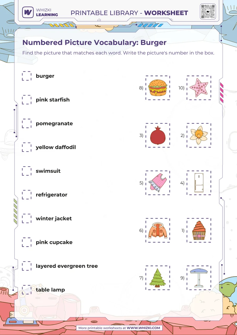 Numbered Picture Vocabulary: Burger