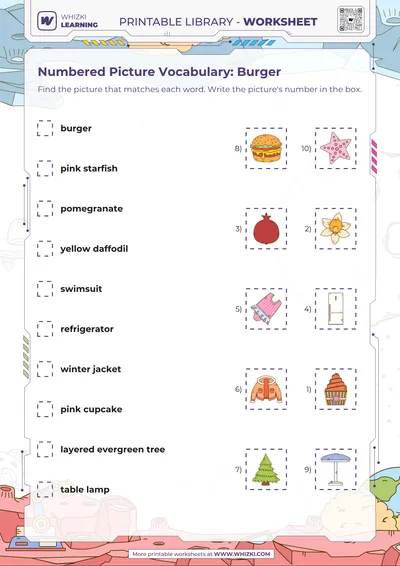 Numbered Picture Vocabulary: Burger