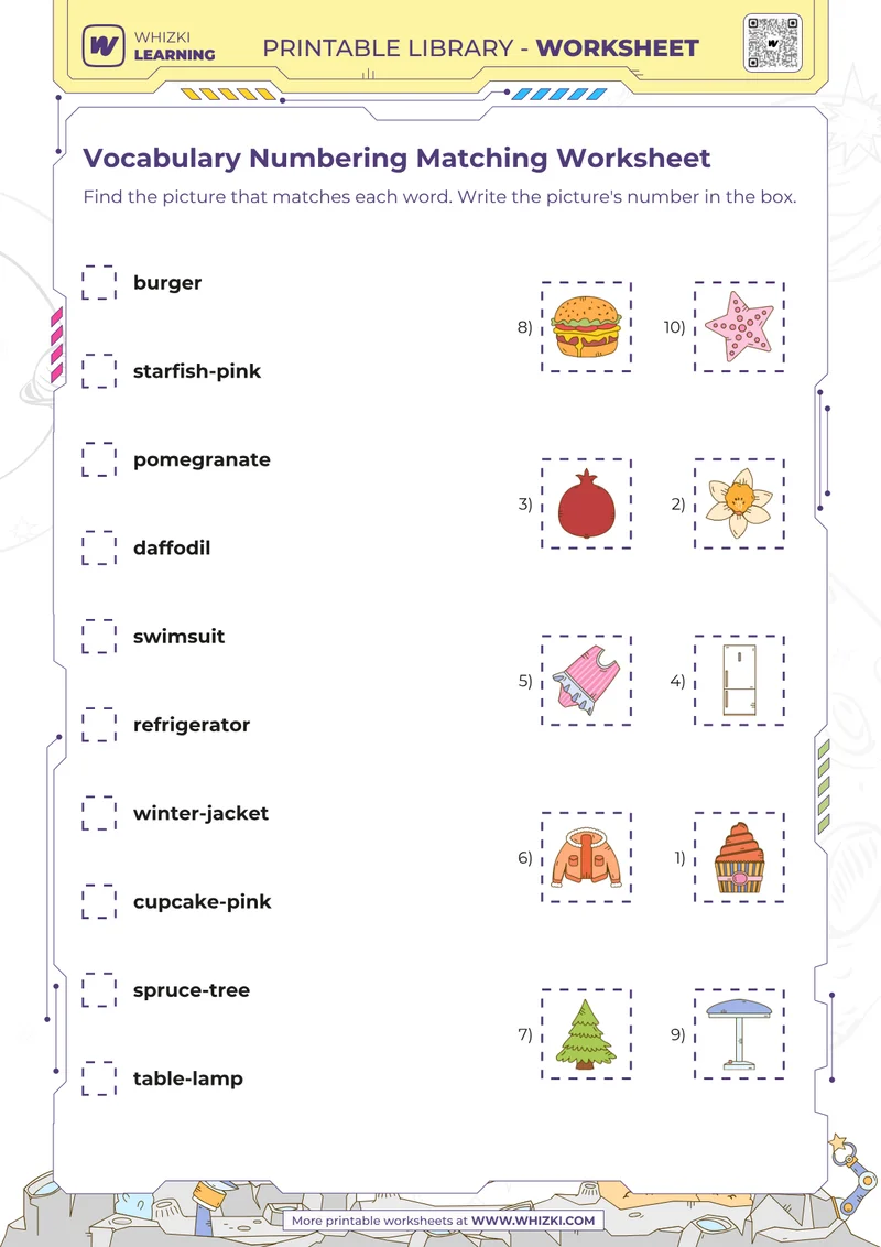 Vocabulary Numbering Matching Worksheet