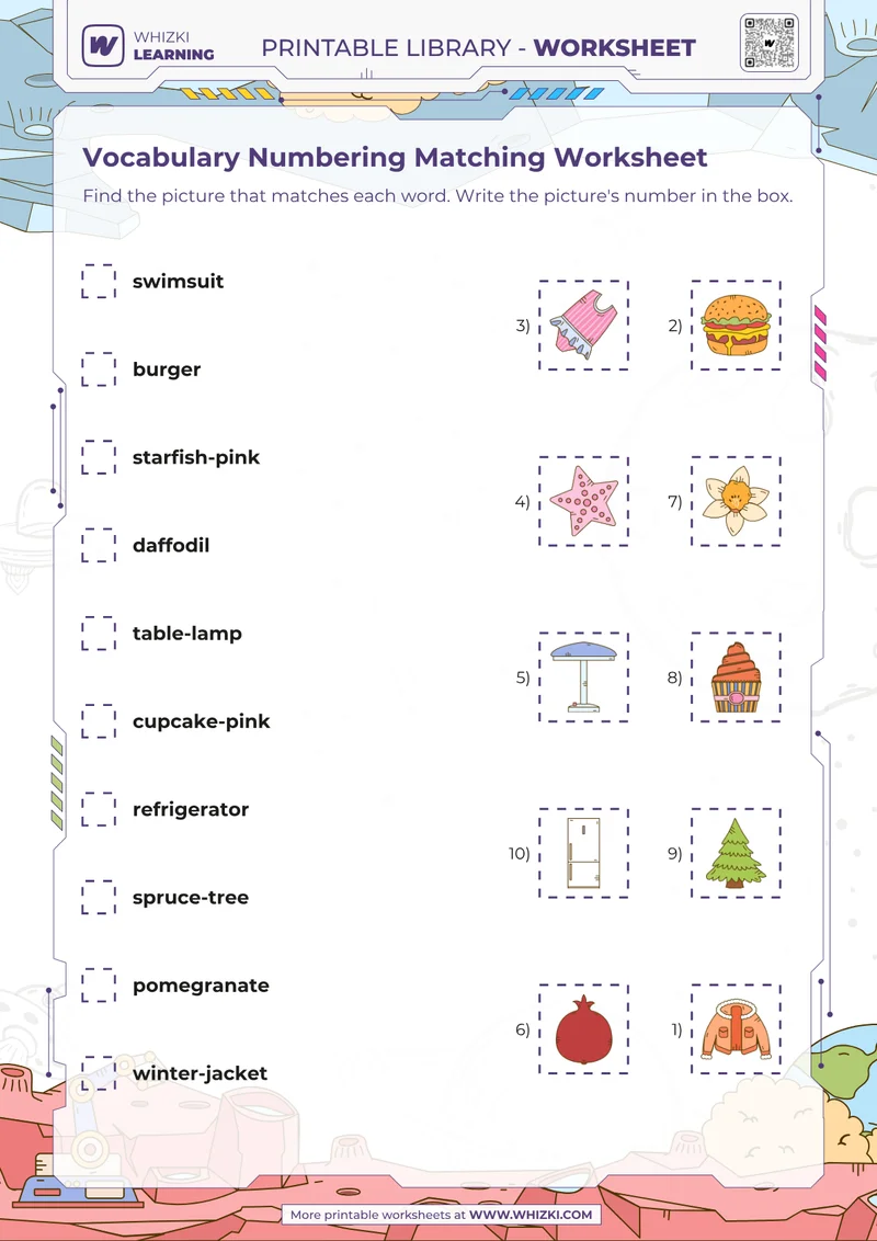 Vocabulary Numbering Matching Worksheet