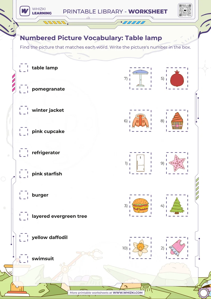 Numbered Picture Vocabulary: Table lamp