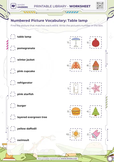 Numbered Picture Vocabulary: Table lamp
