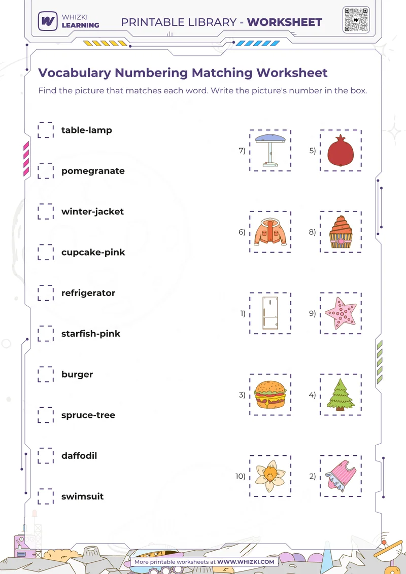 Vocabulary Numbering Matching Worksheet