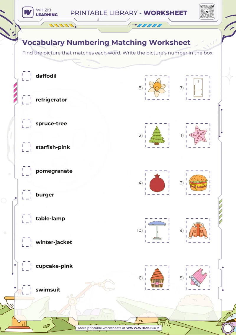 Vocabulary Numbering Matching Worksheet